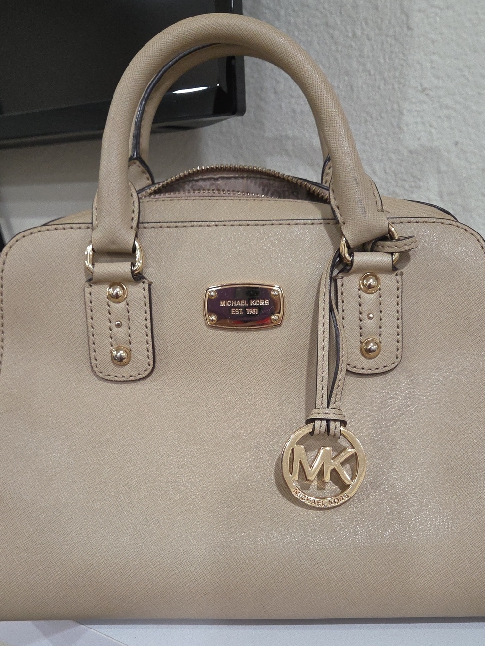 Michael Kors Taupe Saffiano Leather Satchel with Gold Hardware